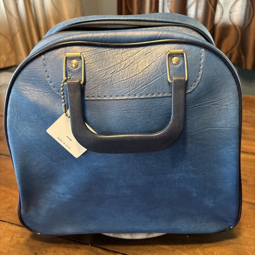 VTG 70s Blue Black Vinyl Brunswick Bowling Ball Bag Rack & Working Zippers